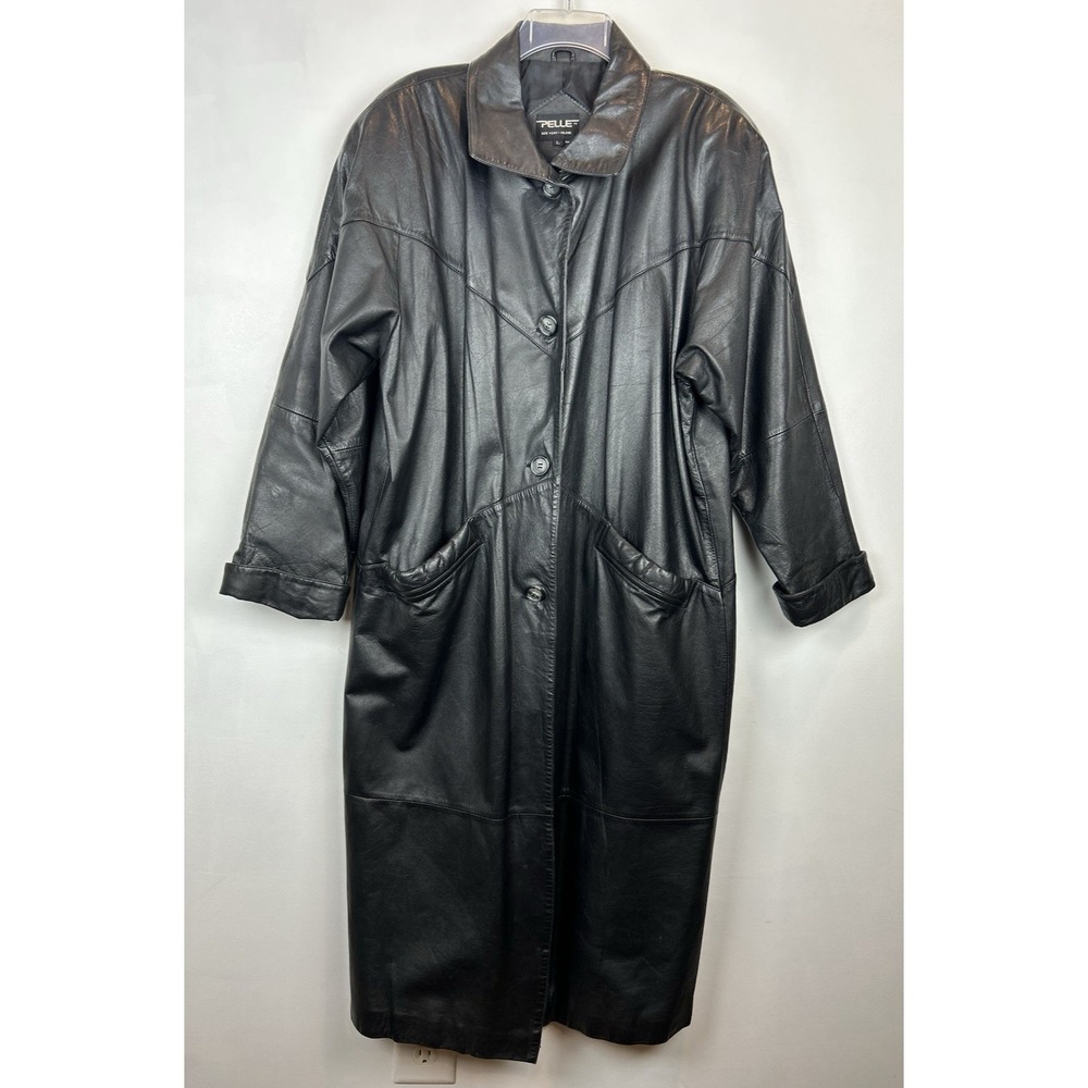 Pelle Long Leather Coat Womens Large Black New York Milano Duster Y2K 80s 90s
